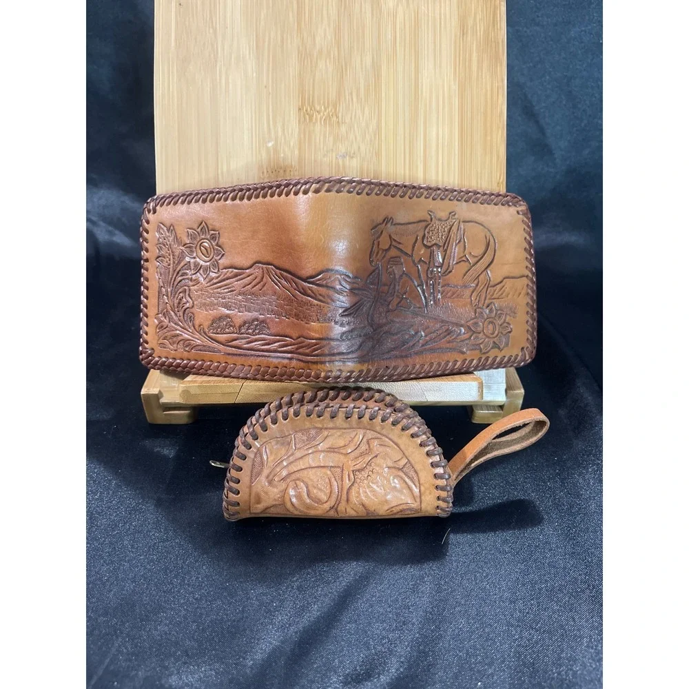 Vintage Hand Tooled Leather Western Wallet and‎ Coin Purse Set Horse Cowboy Tan